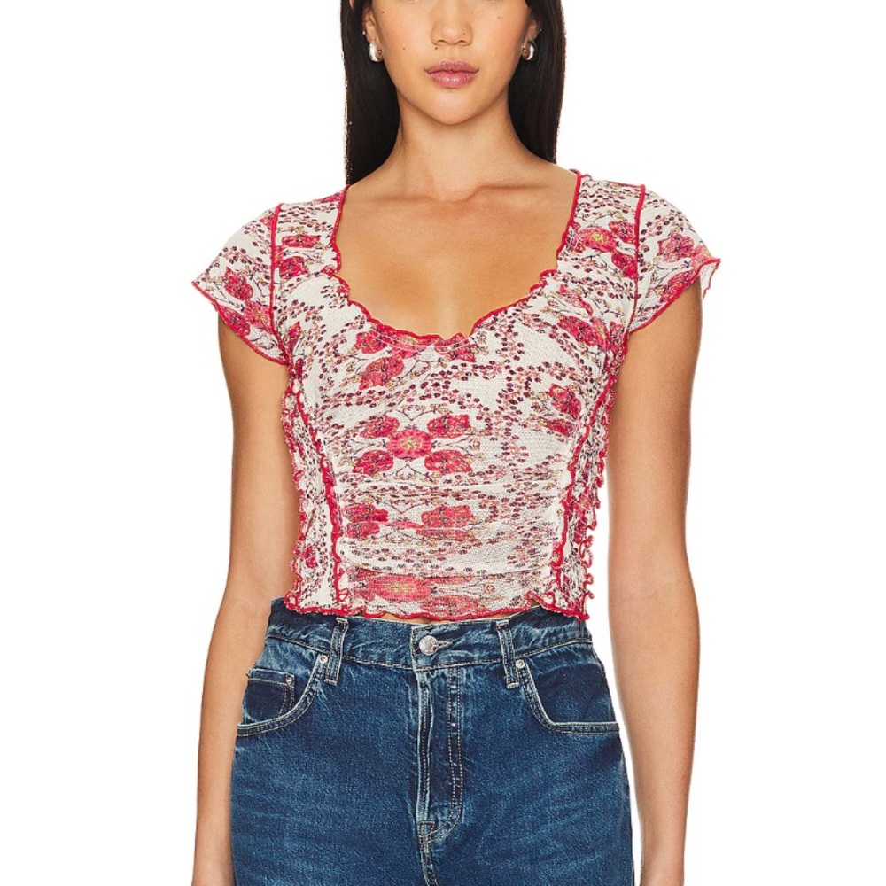 Free People Oh My Baby Tee Cropped Blouse Top Ruched Printed Cotton